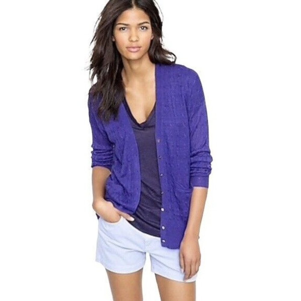 J.Crew Purple Linen Cable Knit Cardigan Sweater V-neck Gold Buttons XXS